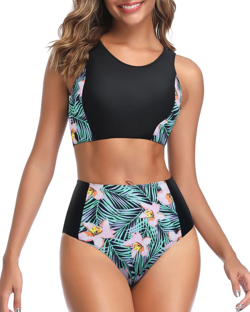 Tempt Me Women Two Piece Black Floral High Waisted Bikini Set Sporty Swimsuits Bathing Suit with Bottom for Teen Girls S - Image 1